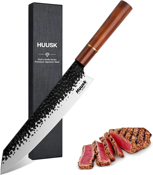 Huusk Kiritsuke Chef Knife - 9 Inch Japanese Kitchen Knife | Professional High Carbon Steel Sharp Sushi Knives with Ergonomic Rosewood Handle for Meat, Gift for Chef