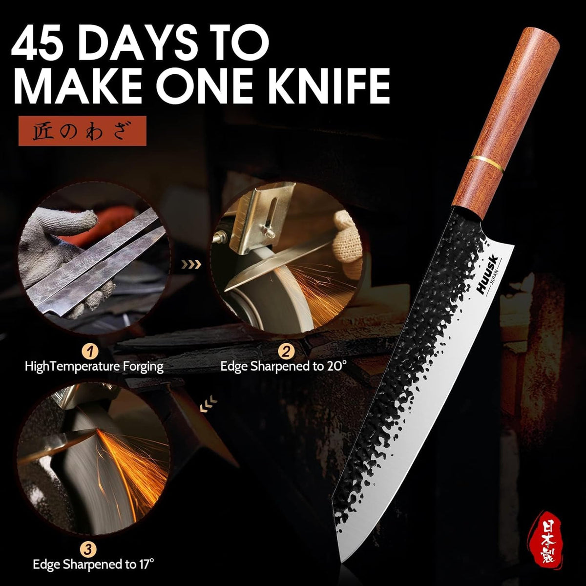 Huusk Kiritsuke Chef Knife - 9 Inch Japanese Kitchen Knife | Professional High Carbon Steel Sharp Sushi Knives with Ergonomic Rosewood Handle for Meat, Gift for Chef