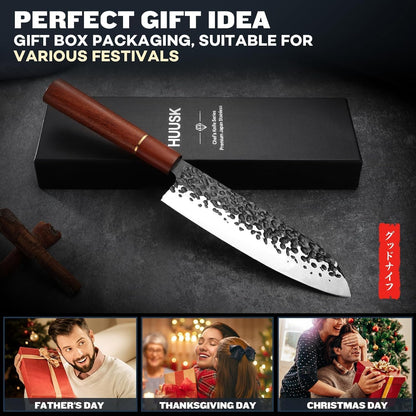 Huusk Kiritsuke Chef Knife - 9 Inch Japanese Kitchen Knife | Professional High Carbon Steel Sharp Sushi Knives with Ergonomic Rosewood Handle for Meat, Gift for Chef