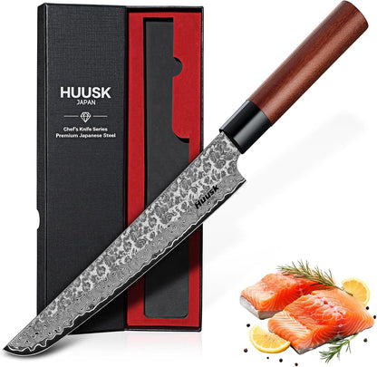 Huusk Kiritsuke Chef Knife - 9 Inch Japanese Kitchen Knife | Professional High Carbon Steel Sharp Sushi Knives with Ergonomic Rosewood Handle for Meat, Gift for Chef