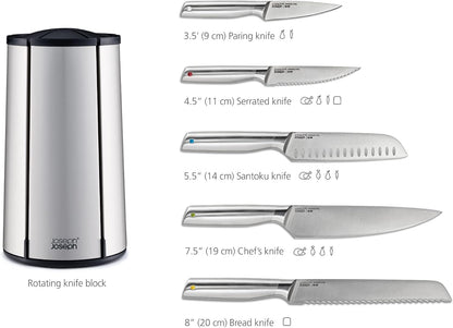 Elevate - Steel Knives Carousel 5-Piece Set with Rotating Stainless-Steel Knife Block, Japanese Stainless-Steel Blades, Fingerprint-Proof Coating and Non-Slip Base, Kitchen Accessories