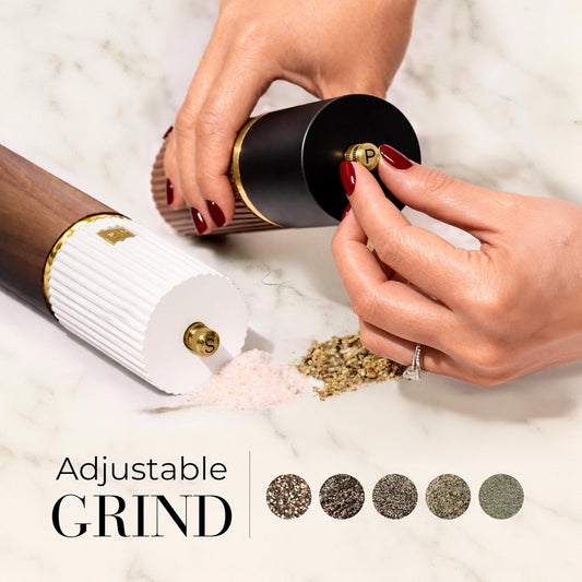 Wooden Salt and Pepper Grinder Set – Refillable Manual Salt and Pepper Mills with Adjustable Ceramic Burrs, Gold Detailing, and Wood Stand – White, Black and Acacia