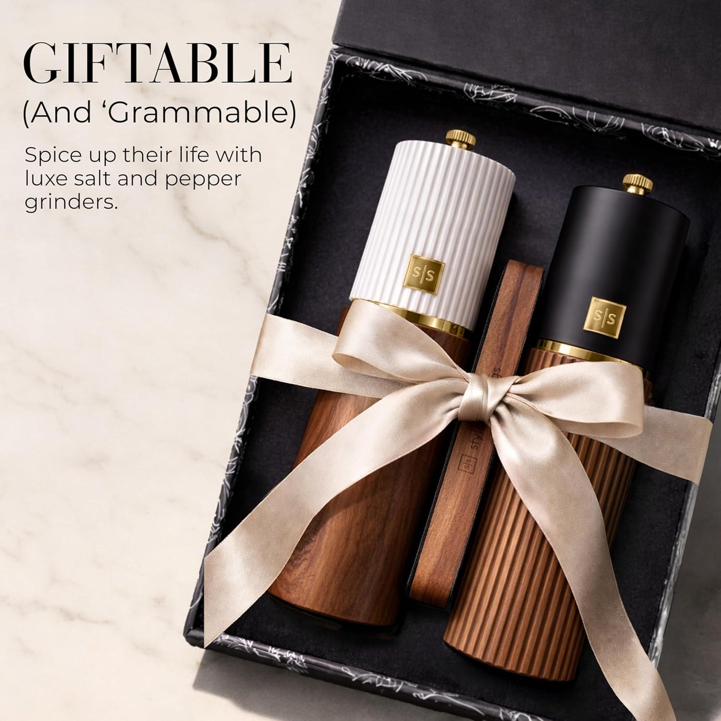 Wooden Salt and Pepper Grinder Set – Refillable Manual Salt and Pepper Mills with Adjustable Ceramic Burrs, Gold Detailing, and Wood Stand – White, Black and Acacia
