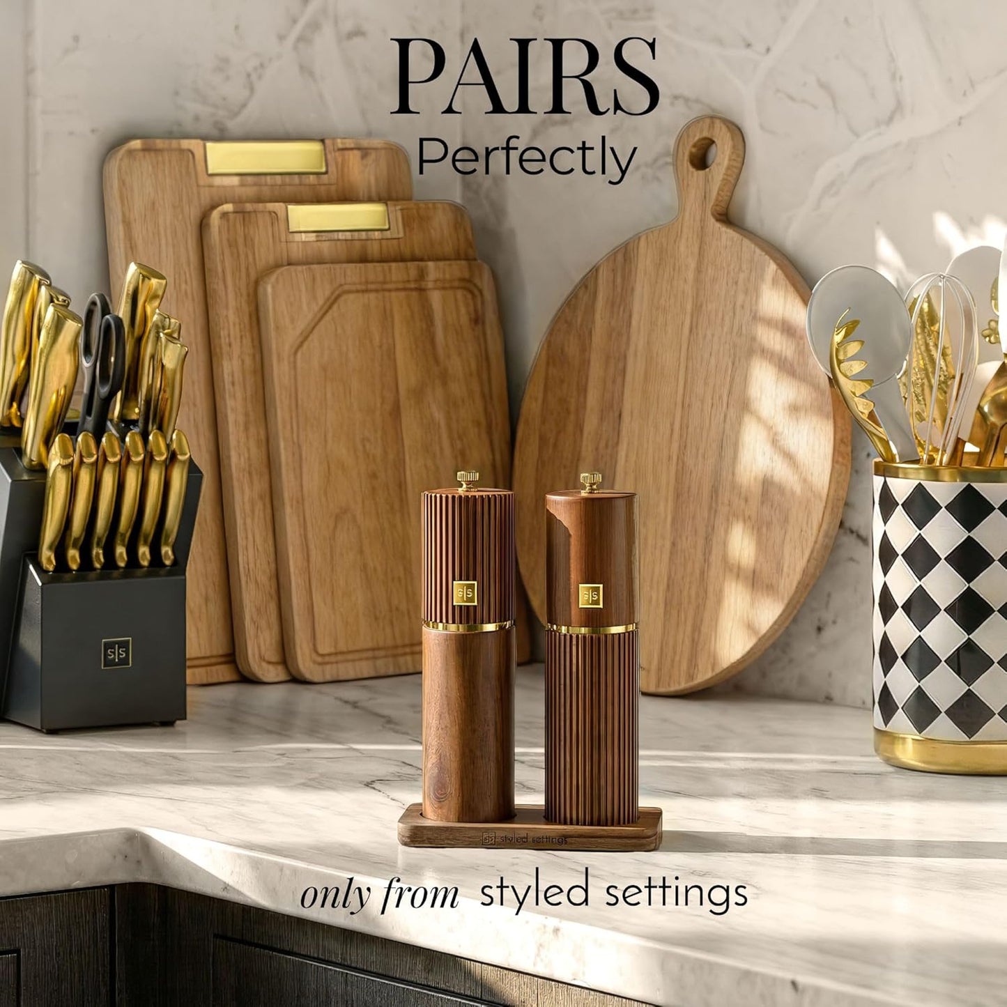 Wooden Salt and Pepper Grinder Set – Refillable Manual Salt and Pepper Mills with Adjustable Ceramic Burrs, Gold Detailing, and Wood Stand – White, Black and Acacia