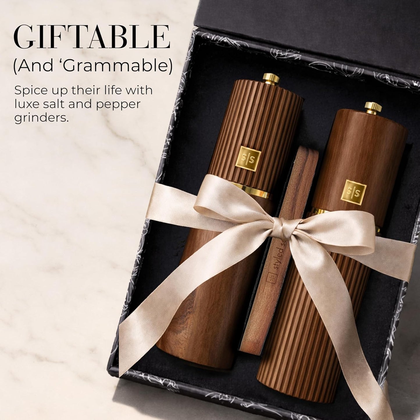 Wooden Salt and Pepper Grinder Set – Refillable Manual Salt and Pepper Mills with Adjustable Ceramic Burrs, Gold Detailing, and Wood Stand – White, Black and Acacia