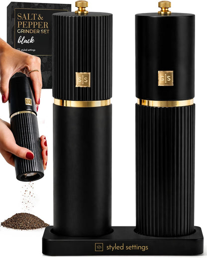 Wooden Salt and Pepper Grinder Set – Refillable Manual Salt and Pepper Mills with Adjustable Ceramic Burrs, Gold Detailing, and Wood Stand – White, Black and Acacia