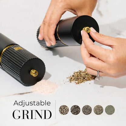 Wooden Salt and Pepper Grinder Set – Refillable Manual Salt and Pepper Mills with Adjustable Ceramic Burrs, Gold Detailing, and Wood Stand – White, Black and Acacia