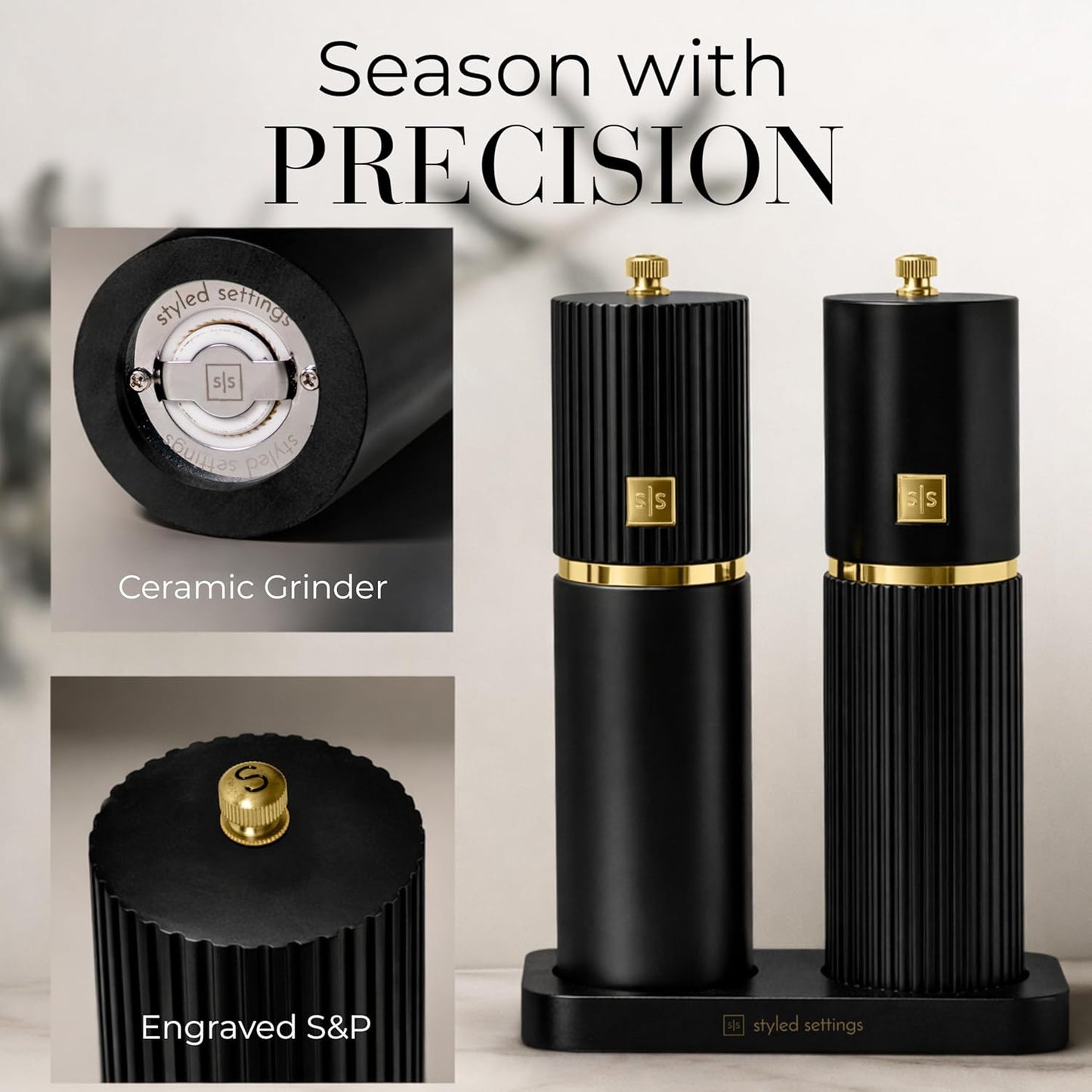 Wooden Salt and Pepper Grinder Set – Refillable Manual Salt and Pepper Mills with Adjustable Ceramic Burrs, Gold Detailing, and Wood Stand – White, Black and Acacia