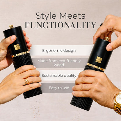 Wooden Salt and Pepper Grinder Set – Refillable Manual Salt and Pepper Mills with Adjustable Ceramic Burrs, Gold Detailing, and Wood Stand – White, Black and Acacia