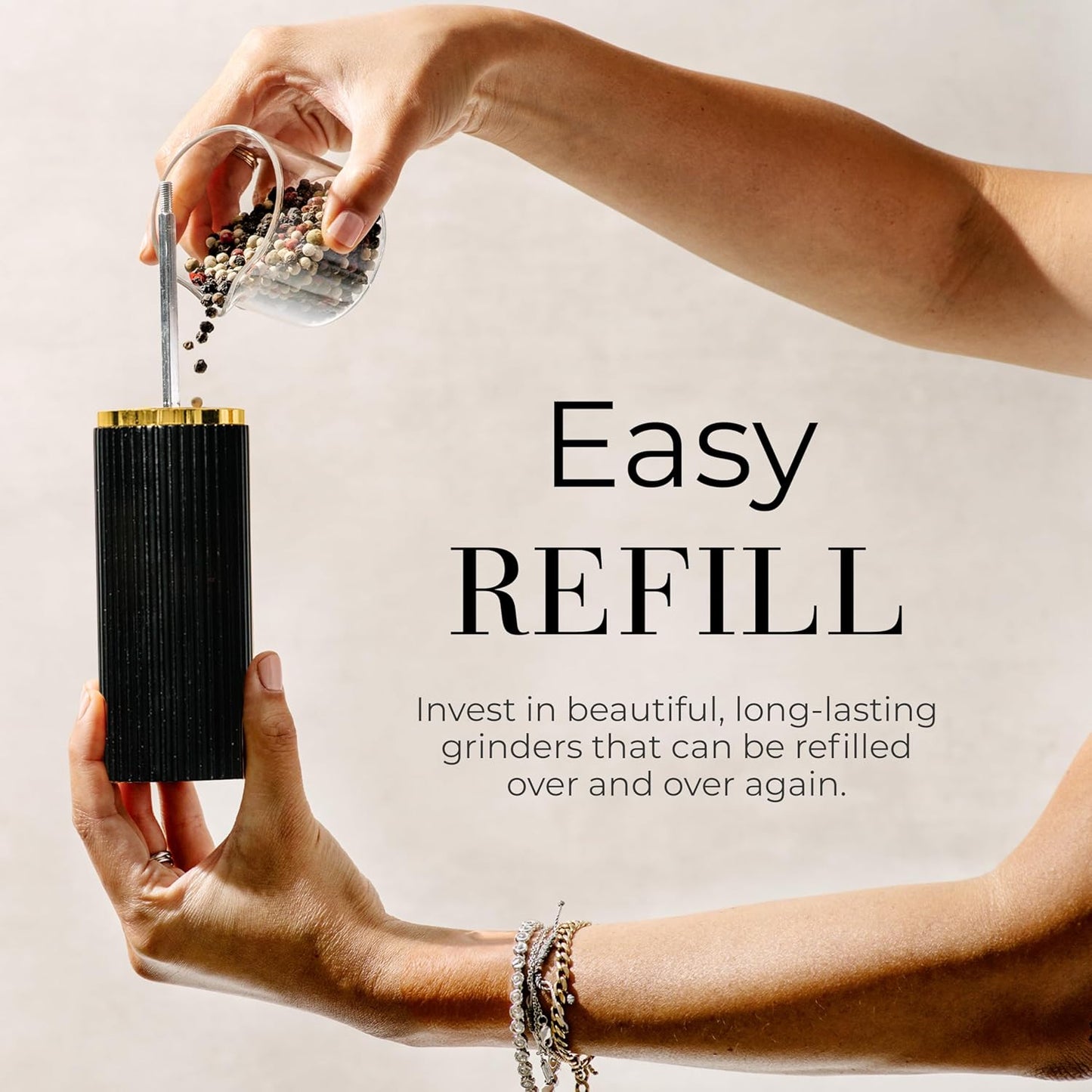 Wooden Salt and Pepper Grinder Set – Refillable Manual Salt and Pepper Mills with Adjustable Ceramic Burrs, Gold Detailing, and Wood Stand – White, Black and Acacia