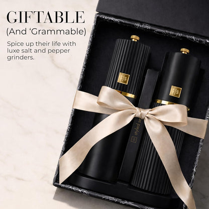 Wooden Salt and Pepper Grinder Set – Refillable Manual Salt and Pepper Mills with Adjustable Ceramic Burrs, Gold Detailing, and Wood Stand – White, Black and Acacia