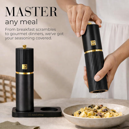 Wooden Salt and Pepper Grinder Set – Refillable Manual Salt and Pepper Mills with Adjustable Ceramic Burrs, Gold Detailing, and Wood Stand – White, Black and Acacia