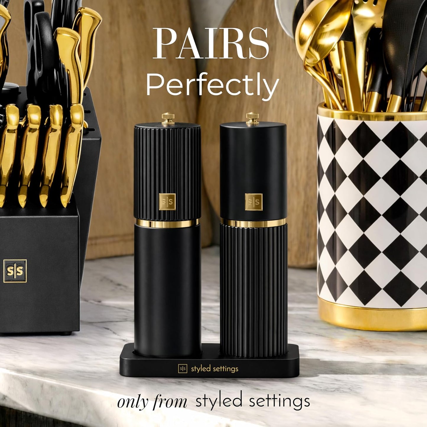 Wooden Salt and Pepper Grinder Set – Refillable Manual Salt and Pepper Mills with Adjustable Ceramic Burrs, Gold Detailing, and Wood Stand – White, Black and Acacia