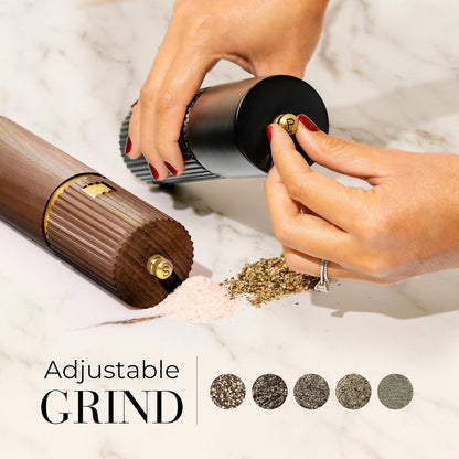 Wooden Salt and Pepper Grinder Set – Refillable Manual Salt and Pepper Mills with Adjustable Ceramic Burrs, Gold Detailing, and Wood Stand – White, Black and Acacia