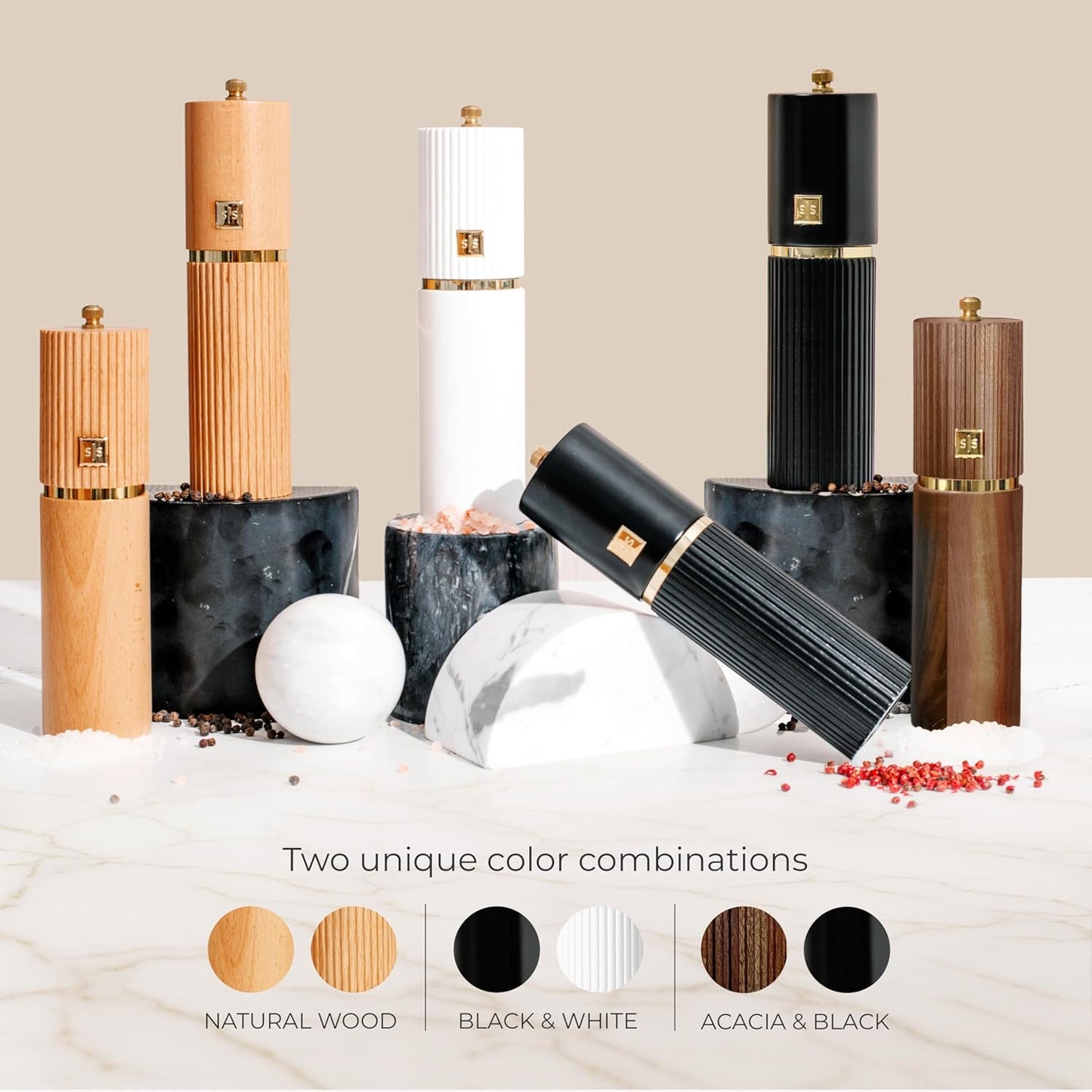 Wooden Salt and Pepper Grinder Set – Refillable Manual Salt and Pepper Mills with Adjustable Ceramic Burrs, Gold Detailing, and Wood Stand – White, Black and Acacia