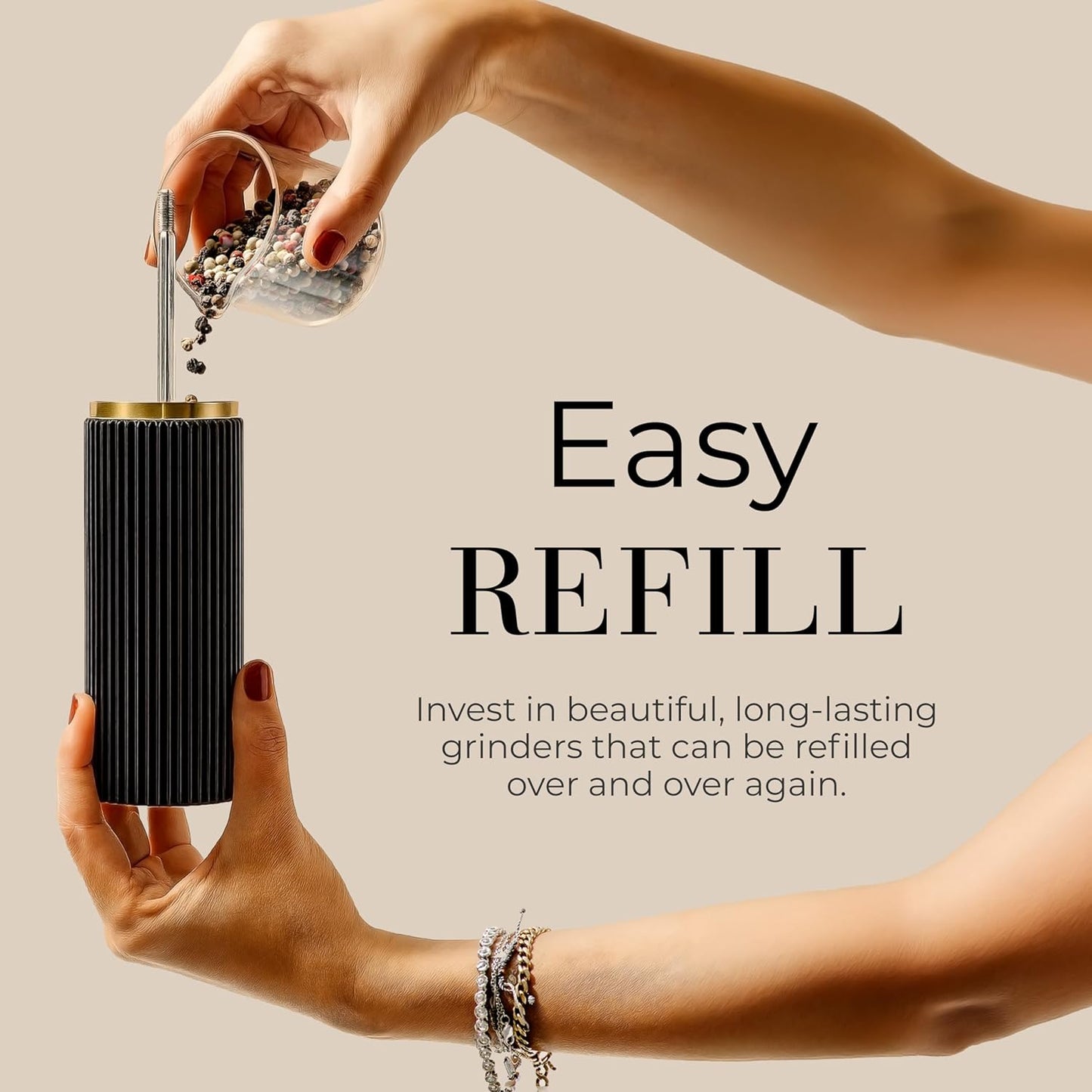 Wooden Salt and Pepper Grinder Set – Refillable Manual Salt and Pepper Mills with Adjustable Ceramic Burrs, Gold Detailing, and Wood Stand – White, Black and Acacia