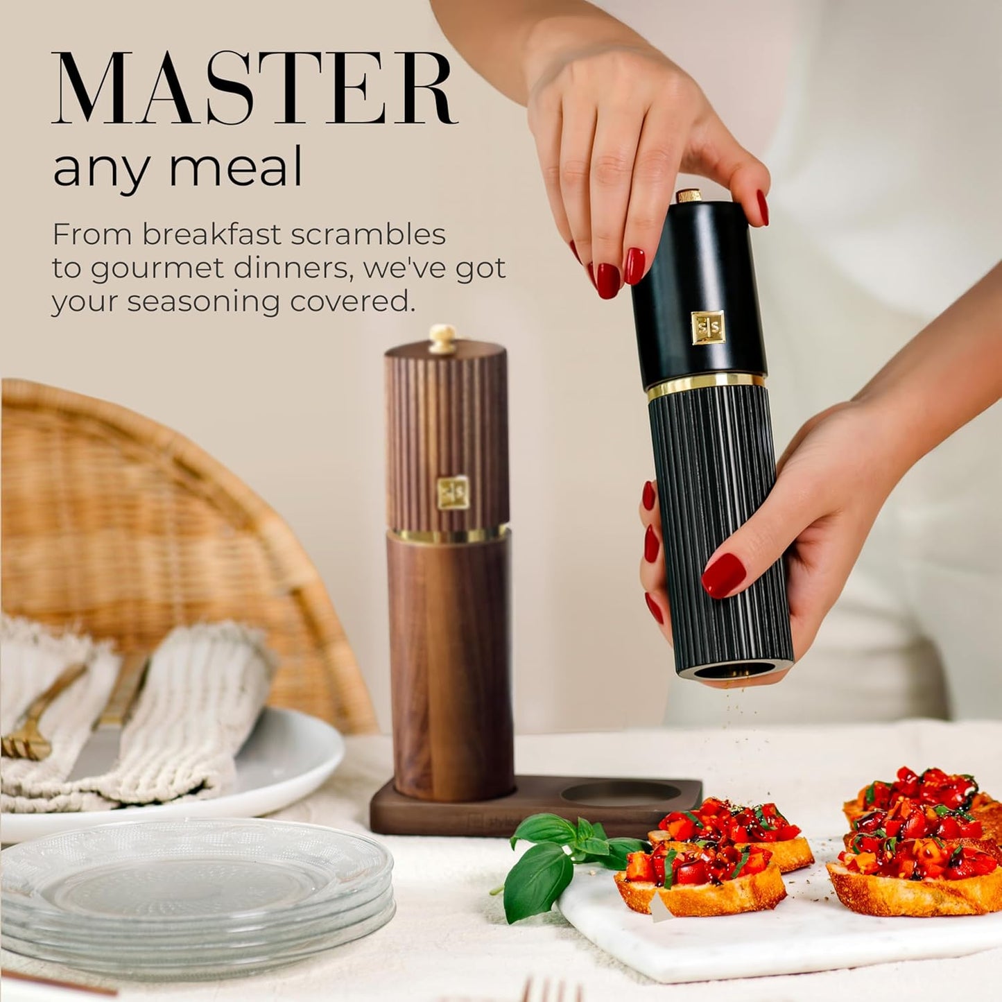 Wooden Salt and Pepper Grinder Set – Refillable Manual Salt and Pepper Mills with Adjustable Ceramic Burrs, Gold Detailing, and Wood Stand – White, Black and Acacia