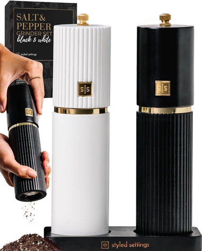 Wooden Salt and Pepper Grinder Set – Refillable Manual Salt and Pepper Mills with Adjustable Ceramic Burrs, Gold Detailing, and Wood Stand – White, Black and Acacia
