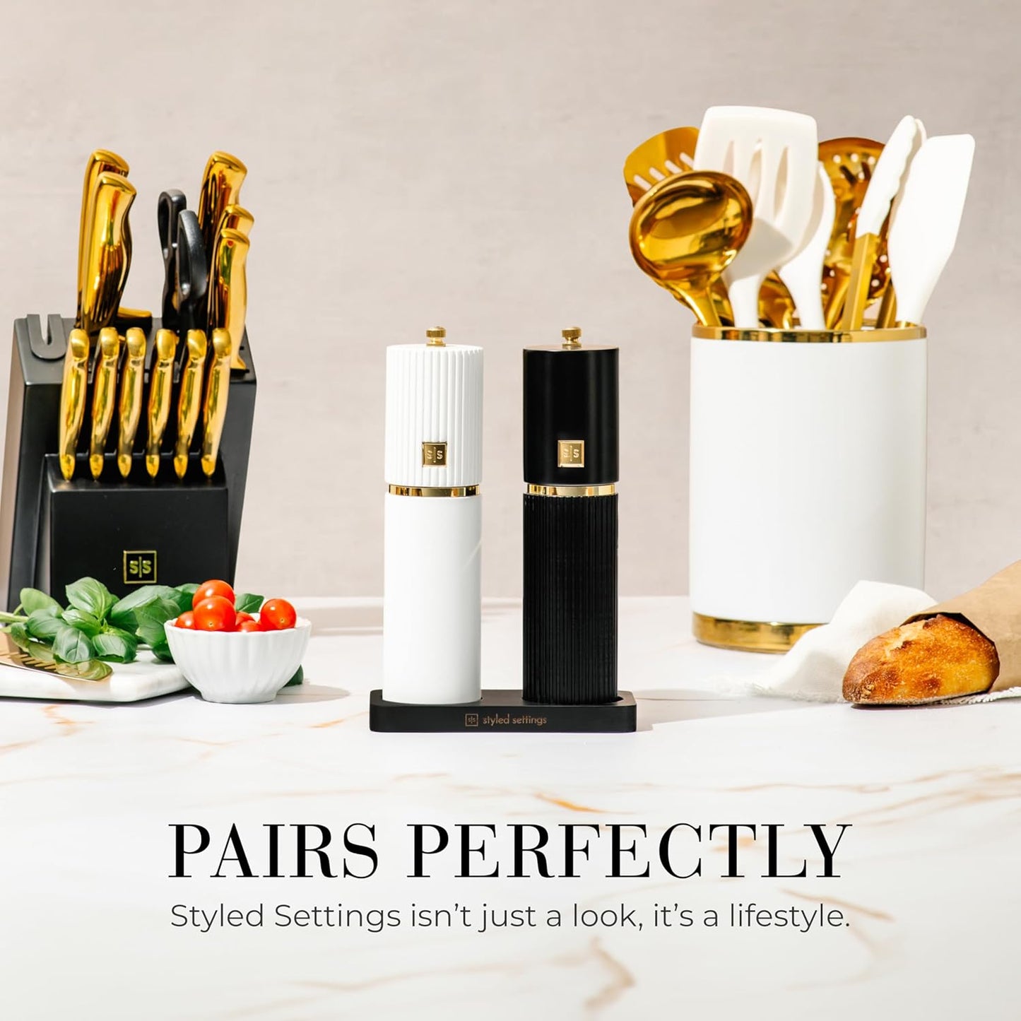 Wooden Salt and Pepper Grinder Set – Refillable Manual Salt and Pepper Mills with Adjustable Ceramic Burrs, Gold Detailing, and Wood Stand – White, Black and Acacia