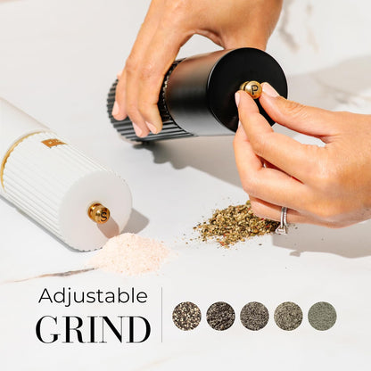 Wooden Salt and Pepper Grinder Set – Refillable Manual Salt and Pepper Mills with Adjustable Ceramic Burrs, Gold Detailing, and Wood Stand – White, Black and Acacia