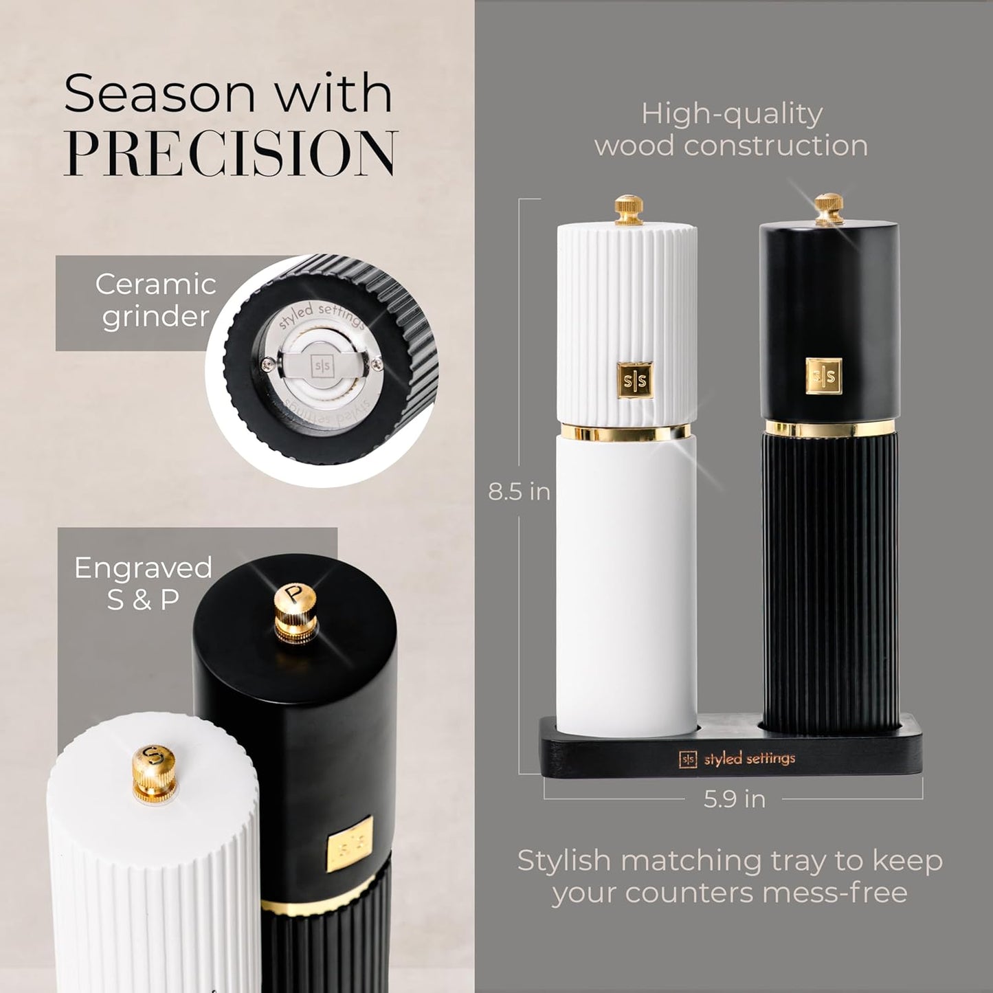 Wooden Salt and Pepper Grinder Set – Refillable Manual Salt and Pepper Mills with Adjustable Ceramic Burrs, Gold Detailing, and Wood Stand – White, Black and Acacia