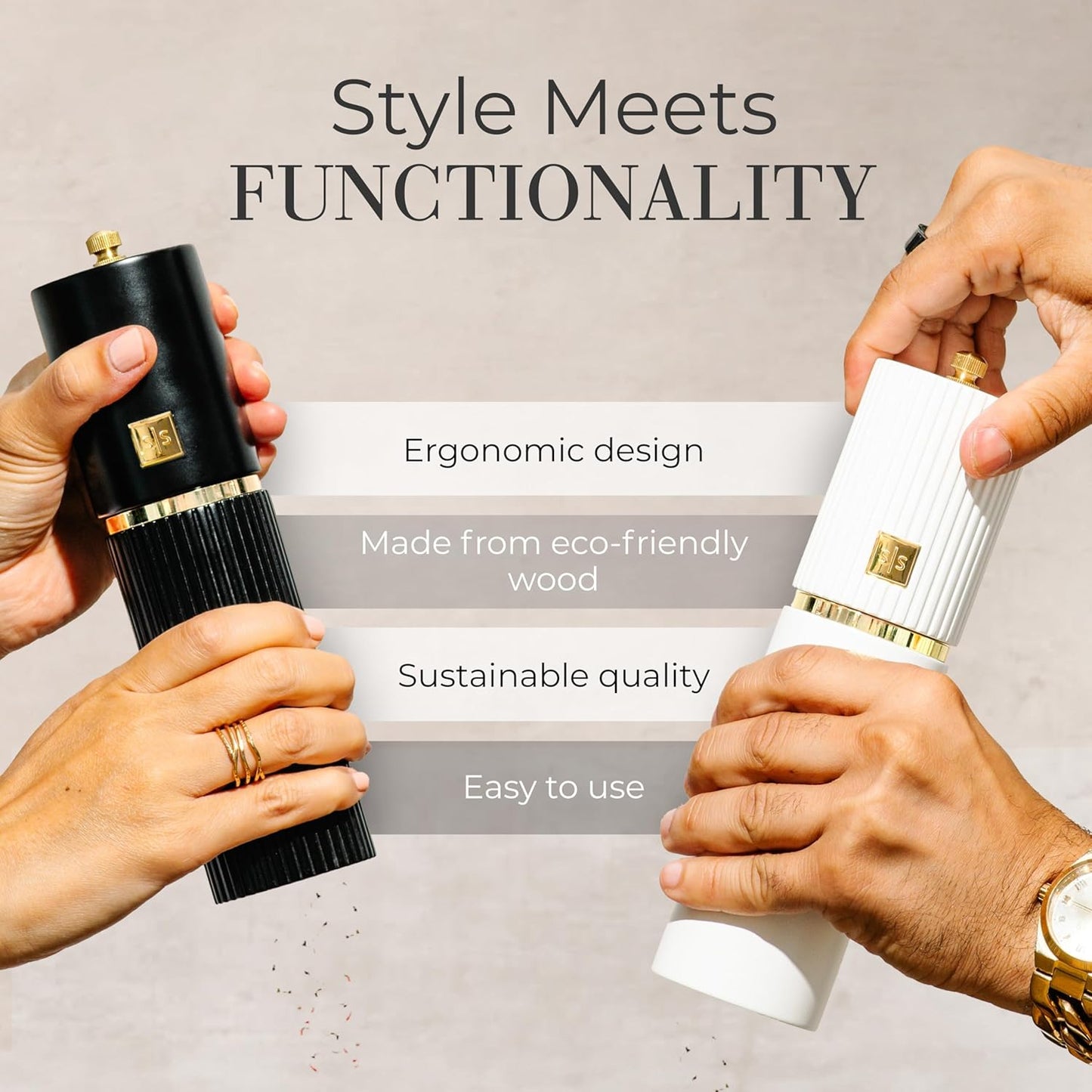 Wooden Salt and Pepper Grinder Set – Refillable Manual Salt and Pepper Mills with Adjustable Ceramic Burrs, Gold Detailing, and Wood Stand – White, Black and Acacia