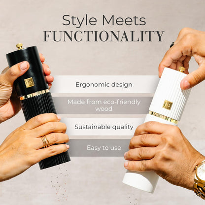 Wooden Salt and Pepper Grinder Set – Refillable Manual Salt and Pepper Mills with Adjustable Ceramic Burrs, Gold Detailing, and Wood Stand – White, Black and Acacia