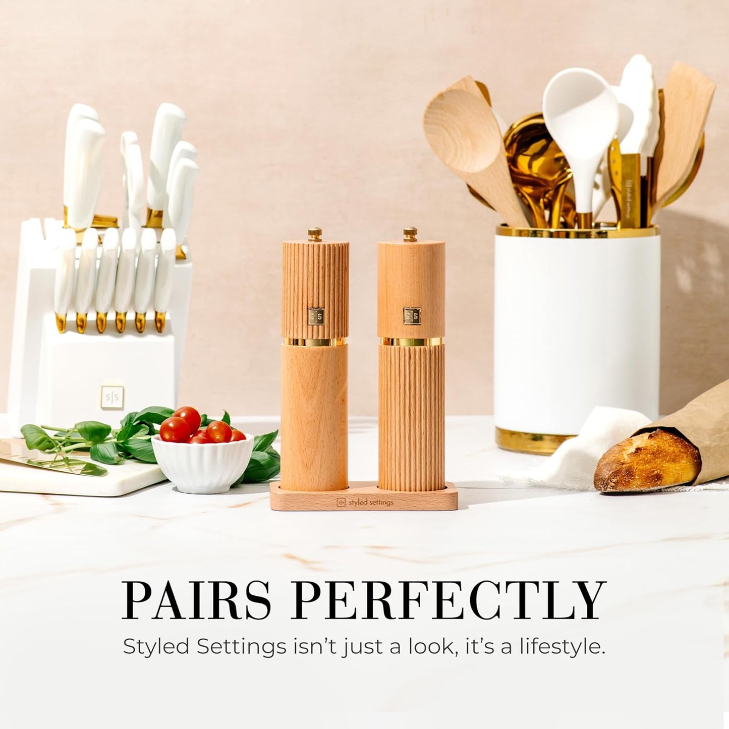 Wooden Salt and Pepper Grinder Set – Refillable Manual Salt and Pepper Mills with Adjustable Ceramic Burrs, Gold Detailing, and Wood Stand – White, Black and Acacia