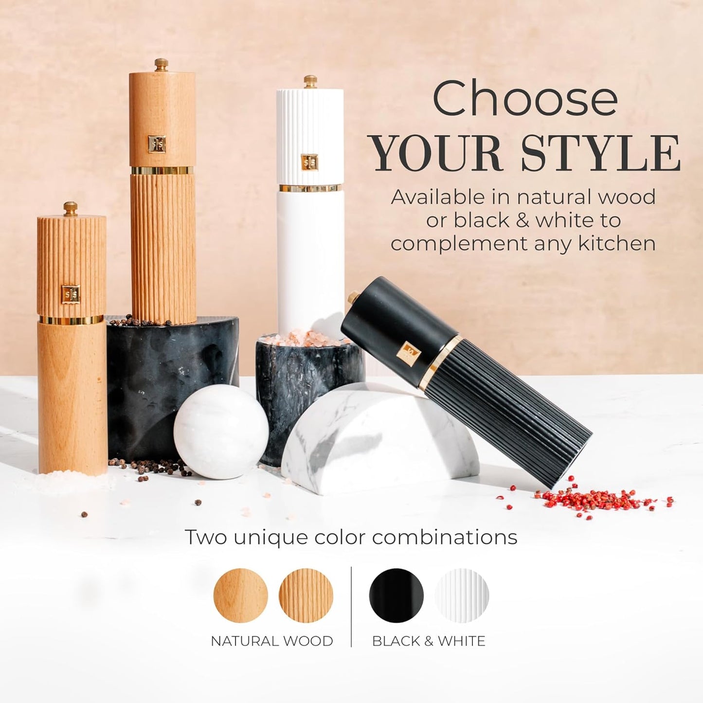 Wooden Salt and Pepper Grinder Set – Refillable Manual Salt and Pepper Mills with Adjustable Ceramic Burrs, Gold Detailing, and Wood Stand – White, Black and Acacia