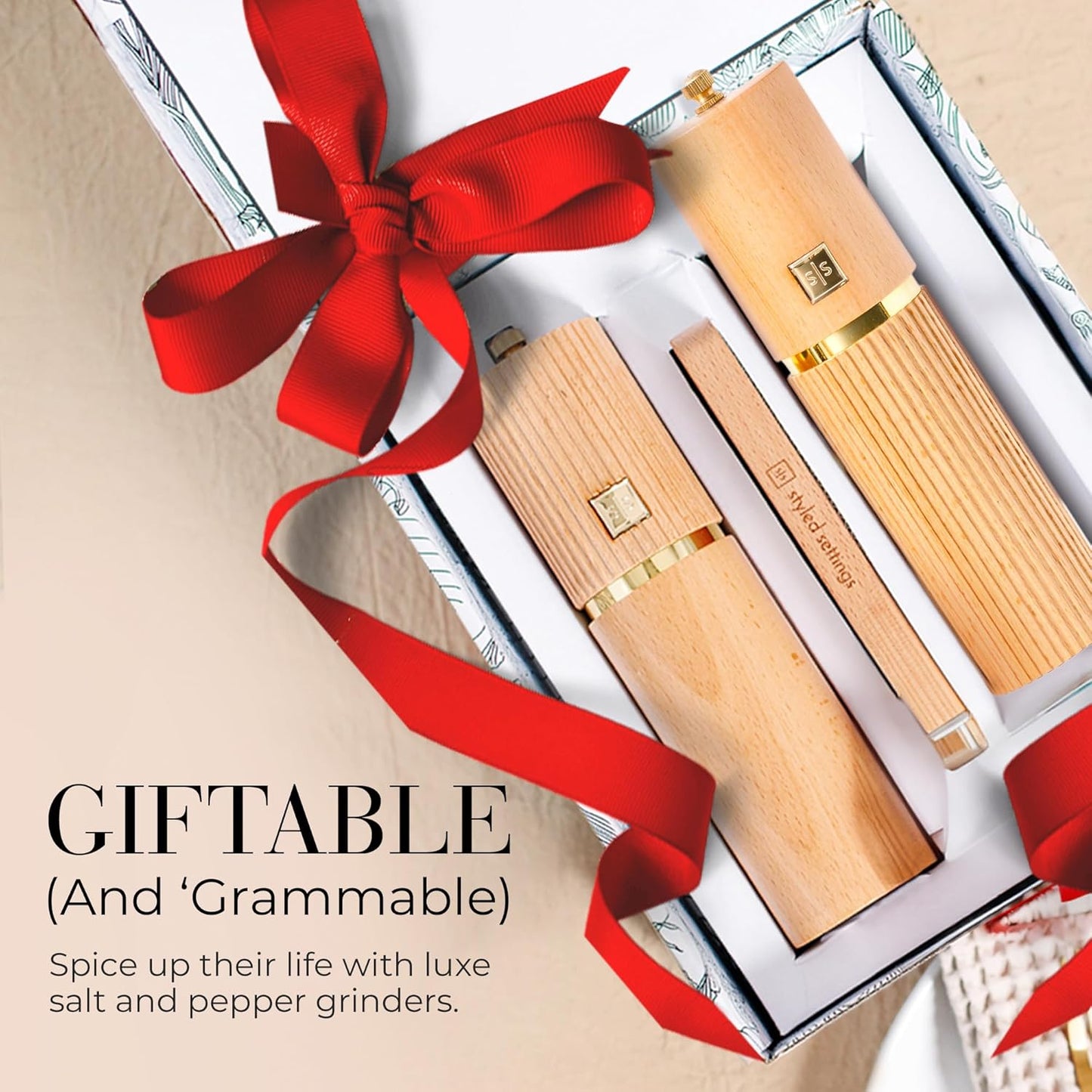 Wooden Salt and Pepper Grinder Set – Refillable Manual Salt and Pepper Mills with Adjustable Ceramic Burrs, Gold Detailing, and Wood Stand – White, Black and Acacia