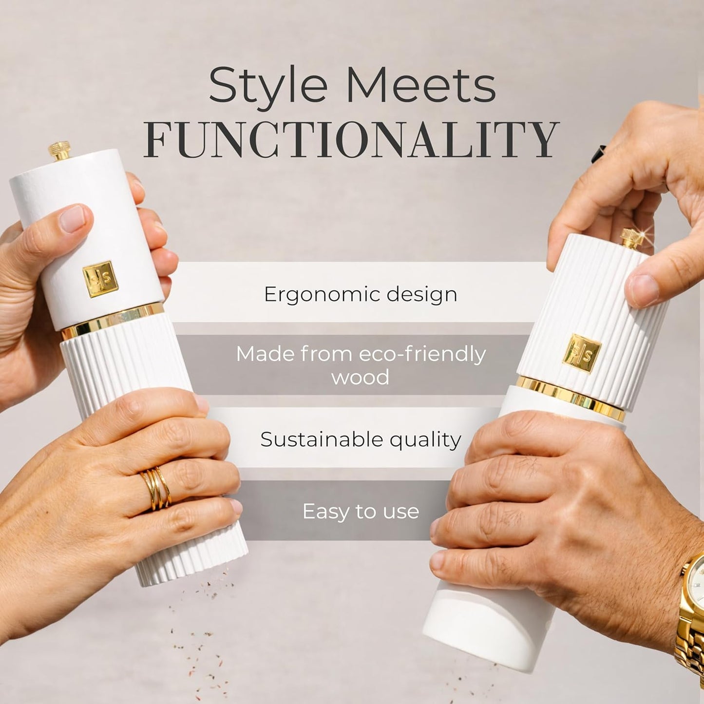 Wooden Salt and Pepper Grinder Set – Refillable Manual Salt and Pepper Mills with Adjustable Ceramic Burrs, Gold Detailing, and Wood Stand – White, Black and Acacia
