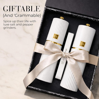 Wooden Salt and Pepper Grinder Set – Refillable Manual Salt and Pepper Mills with Adjustable Ceramic Burrs, Gold Detailing, and Wood Stand – White, Black and Acacia