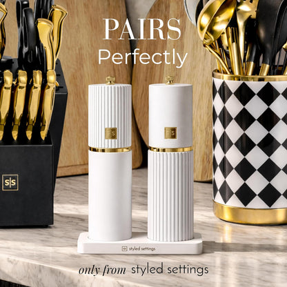Wooden Salt and Pepper Grinder Set – Refillable Manual Salt and Pepper Mills with Adjustable Ceramic Burrs, Gold Detailing, and Wood Stand – White, Black and Acacia