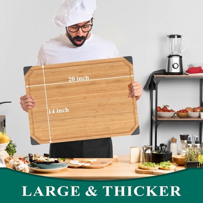 Bamboo Cutting Board, 20" Wood Cutting Boards for Kitchen with Non-slip Rubber Feet Wooden Chopping Board for Meat and Vegetables, XXL