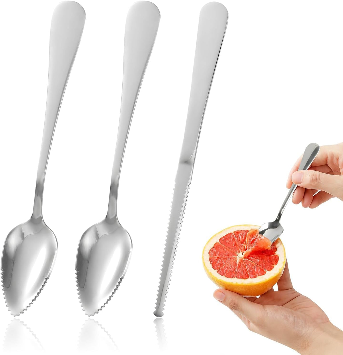 Grapefruit Spoon & Knife Set,Stainless Steel Grapefruit Spoon Utensil With Serrated Edge,Silver Kitchen Tool,Multi-Use for Citrus, Kiwi,Dessert, Avocado & More
