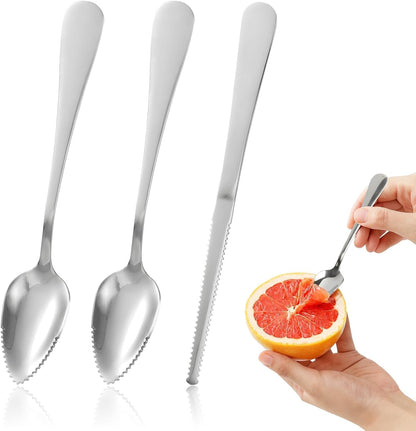 Grapefruit Spoon & Knife Set,Stainless Steel Grapefruit Spoon Utensil With Serrated Edge,Silver Kitchen Tool,Multi-Use for Citrus, Kiwi,Dessert, Avocado & More