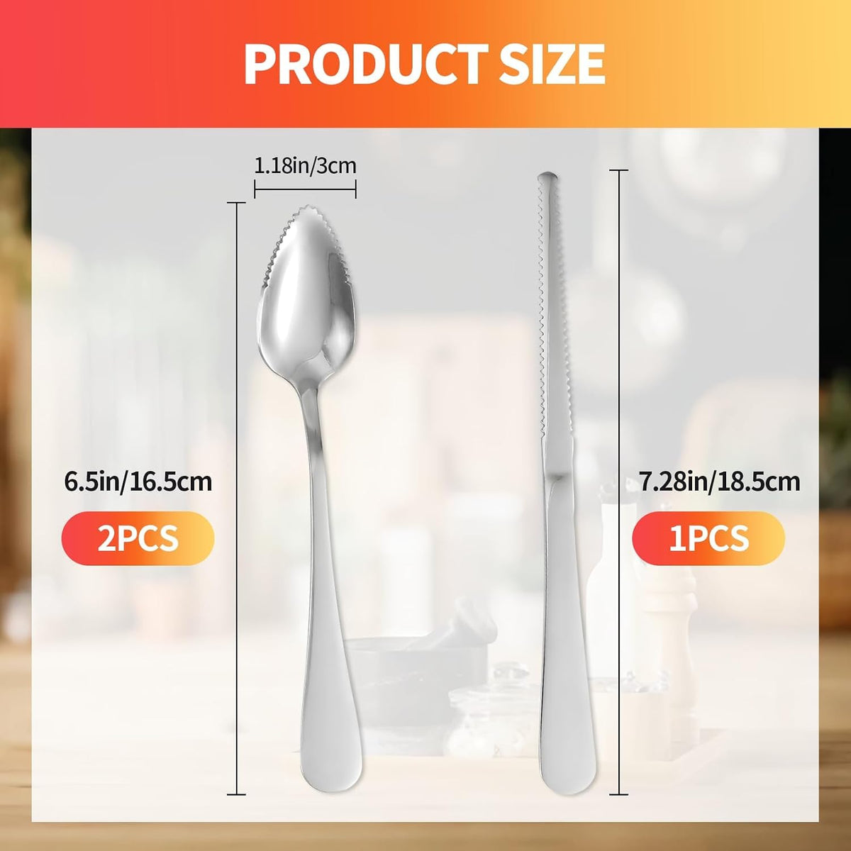 Grapefruit Spoon & Knife Set,Stainless Steel Grapefruit Spoon Utensil With Serrated Edge,Silver Kitchen Tool,Multi-Use for Citrus, Kiwi,Dessert, Avocado & More