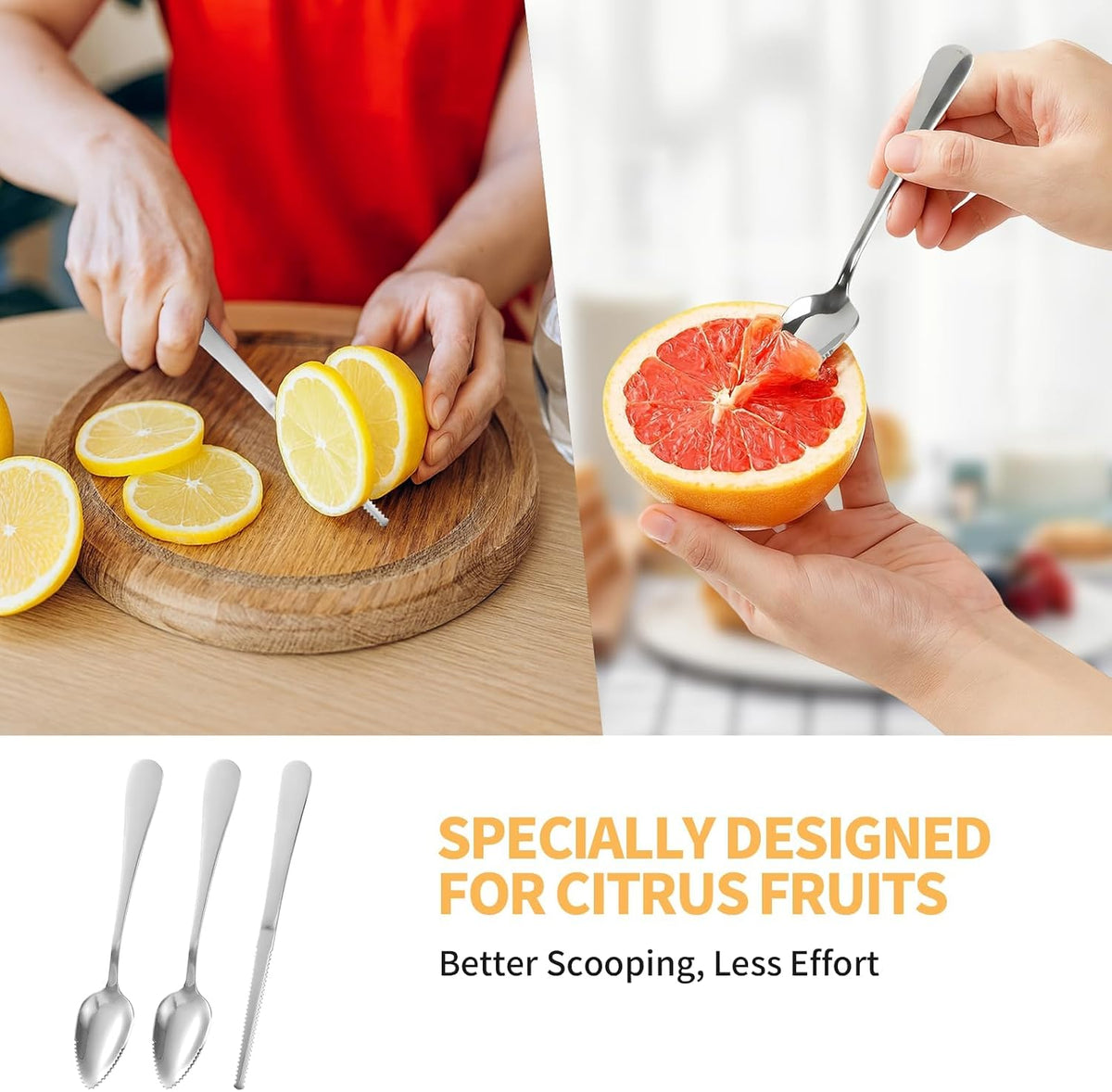 Grapefruit Spoon & Knife Set,Stainless Steel Grapefruit Spoon Utensil With Serrated Edge,Silver Kitchen Tool,Multi-Use for Citrus, Kiwi,Dessert, Avocado & More
