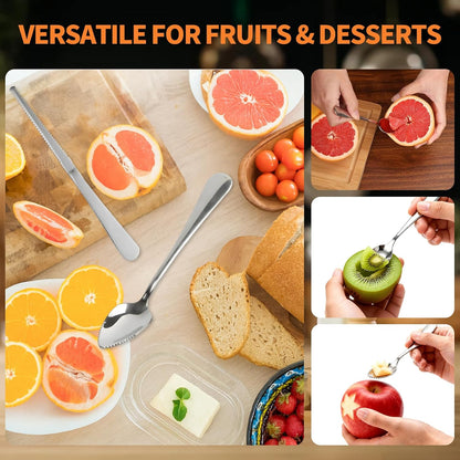 Grapefruit Spoon & Knife Set,Stainless Steel Grapefruit Spoon Utensil With Serrated Edge,Silver Kitchen Tool,Multi-Use for Citrus, Kiwi,Dessert, Avocado & More