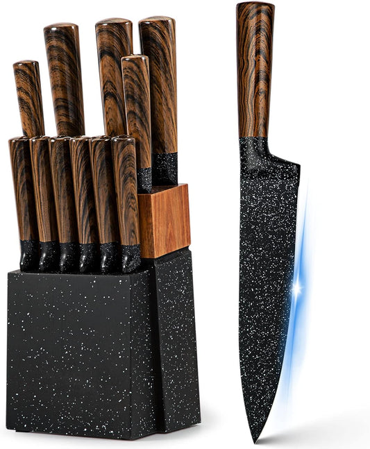 12-Piece Kitchen Knife Set with Wooden Block,Professional Chef Knife Sets with steak knives,High Carbon German Stainless Steel Knife with Japanese Designed Wooden Pattern Stainless Handle