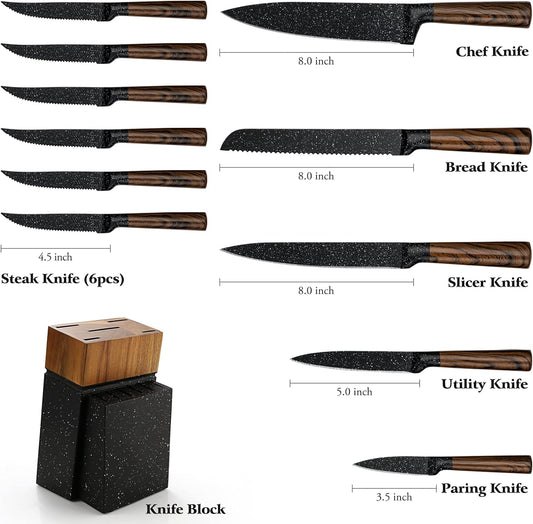 12-Piece Kitchen Knife Set with Wooden Block,Professional Chef Knife Sets with steak knives,High Carbon German Stainless Steel Knife with Japanese Designed Wooden Pattern Stainless Handle
