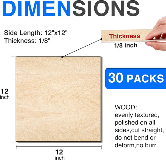 30 Pack Basswood Sheets 12"x12"x1/8", 3mm Basswood for Laser Cutting, Thin Plywood Board Unfinished Wood for Crafts, DIY Architectural Models Making, Wood Engraving, Wood Burning Product.