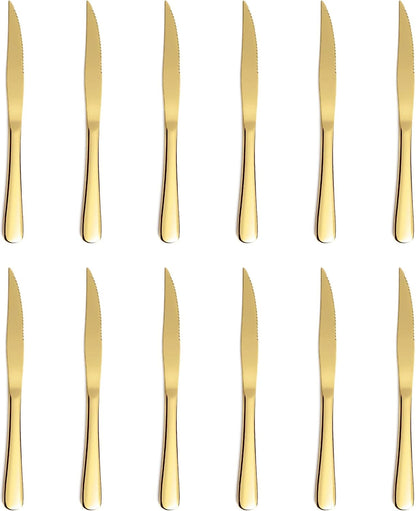 12-Piece Gold Steak Knives Set, Stainless Steel | Serrated, Dishwasher Safe, Dinner Knives
