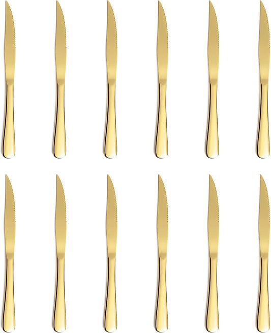 12-Piece Gold Steak Knives Set, Stainless Steel | Serrated, Dishwasher Safe, Dinner Knives