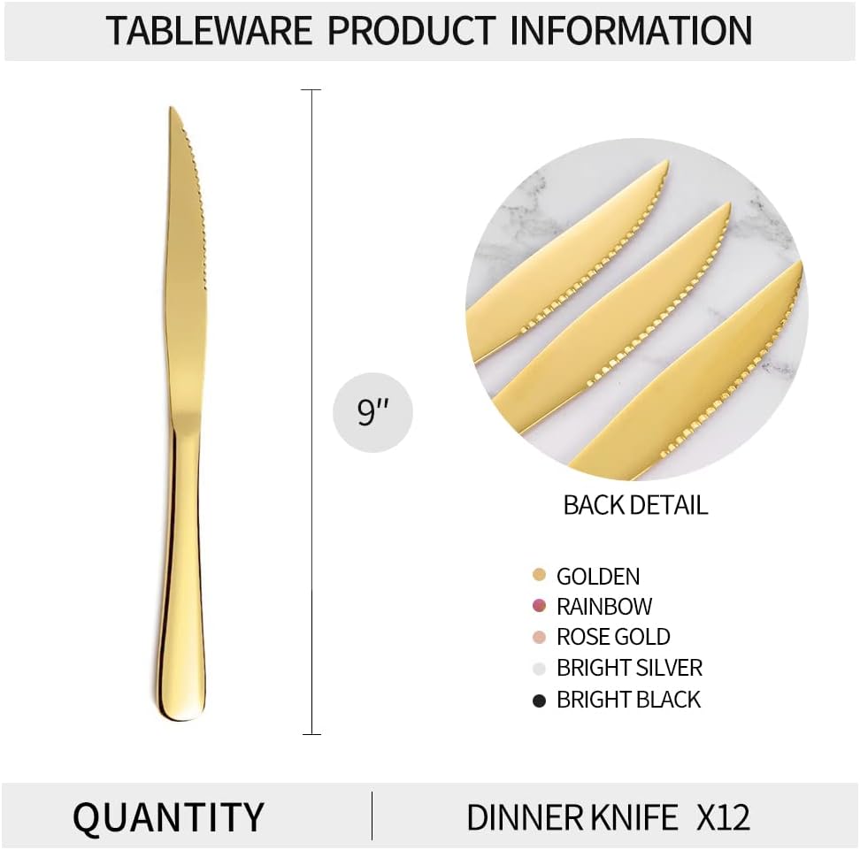 12-Piece Gold Steak Knives Set, Stainless Steel | Serrated, Dishwasher Safe, Dinner Knives
