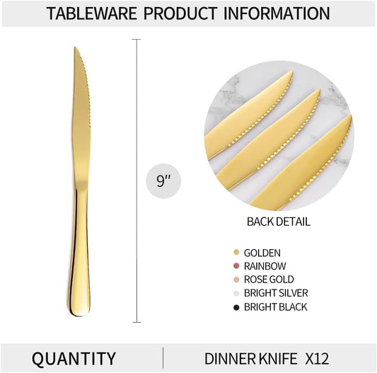 12-Piece Gold Steak Knives Set, Stainless Steel | Serrated, Dishwasher Safe, Dinner Knives