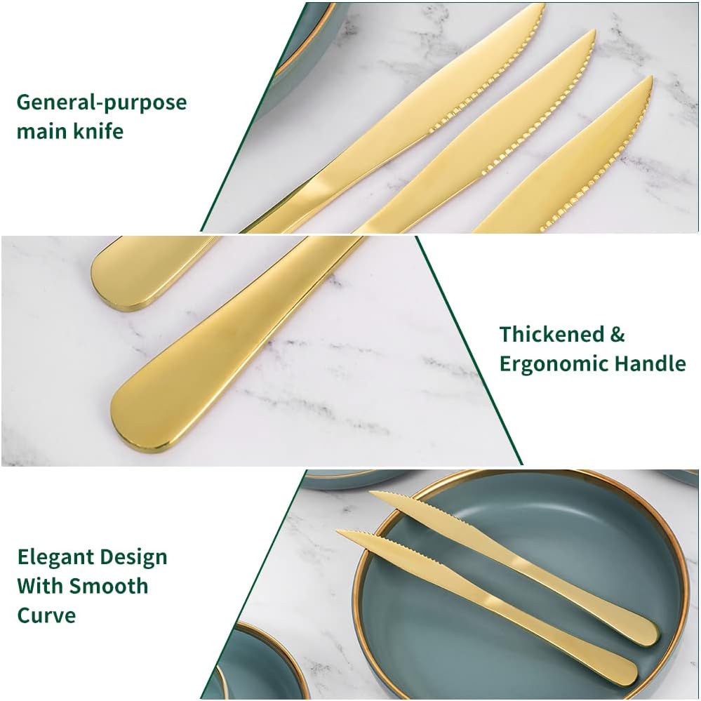 12-Piece Gold Steak Knives Set, Stainless Steel | Serrated, Dishwasher Safe, Dinner Knives
