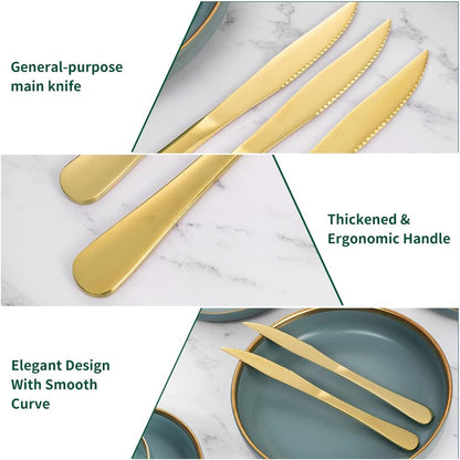 12-Piece Gold Steak Knives Set, Stainless Steel | Serrated, Dishwasher Safe, Dinner Knives