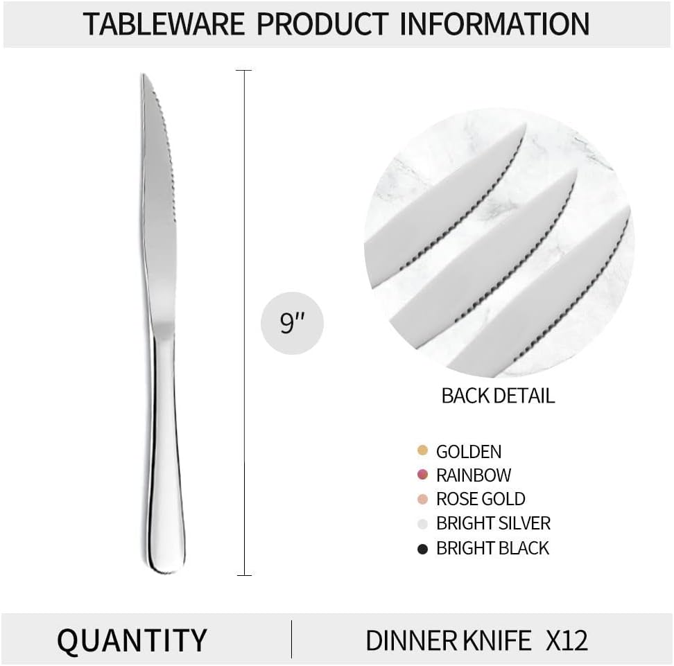 12-Piece Gold Steak Knives Set, Stainless Steel | Serrated, Dishwasher Safe, Dinner Knives