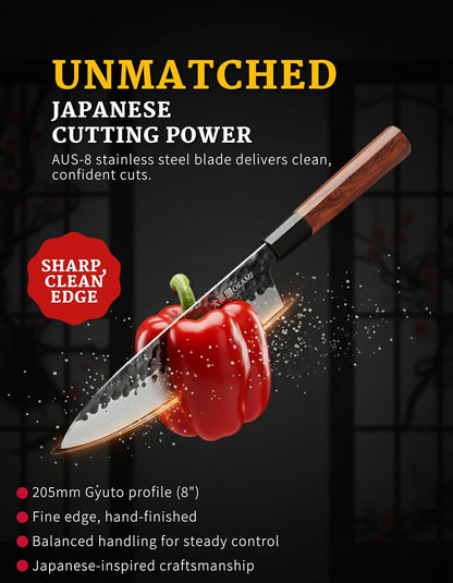 Chef Knife 8 Inch - Hand Forged Kitchen Knife with 67-Layer Japanese Damascus Steel, AUS-10 Core & G10 Handle - Ultra Sharp, Perfectly Balanced Gyuto Knife for Home Chefs and Professionals